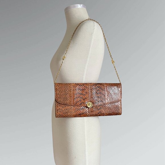 Vintage 70s G.Castellari Brown Snakeskin & Gold Tone Italian Shoulder Bag Clutch - Picture 2 of 8